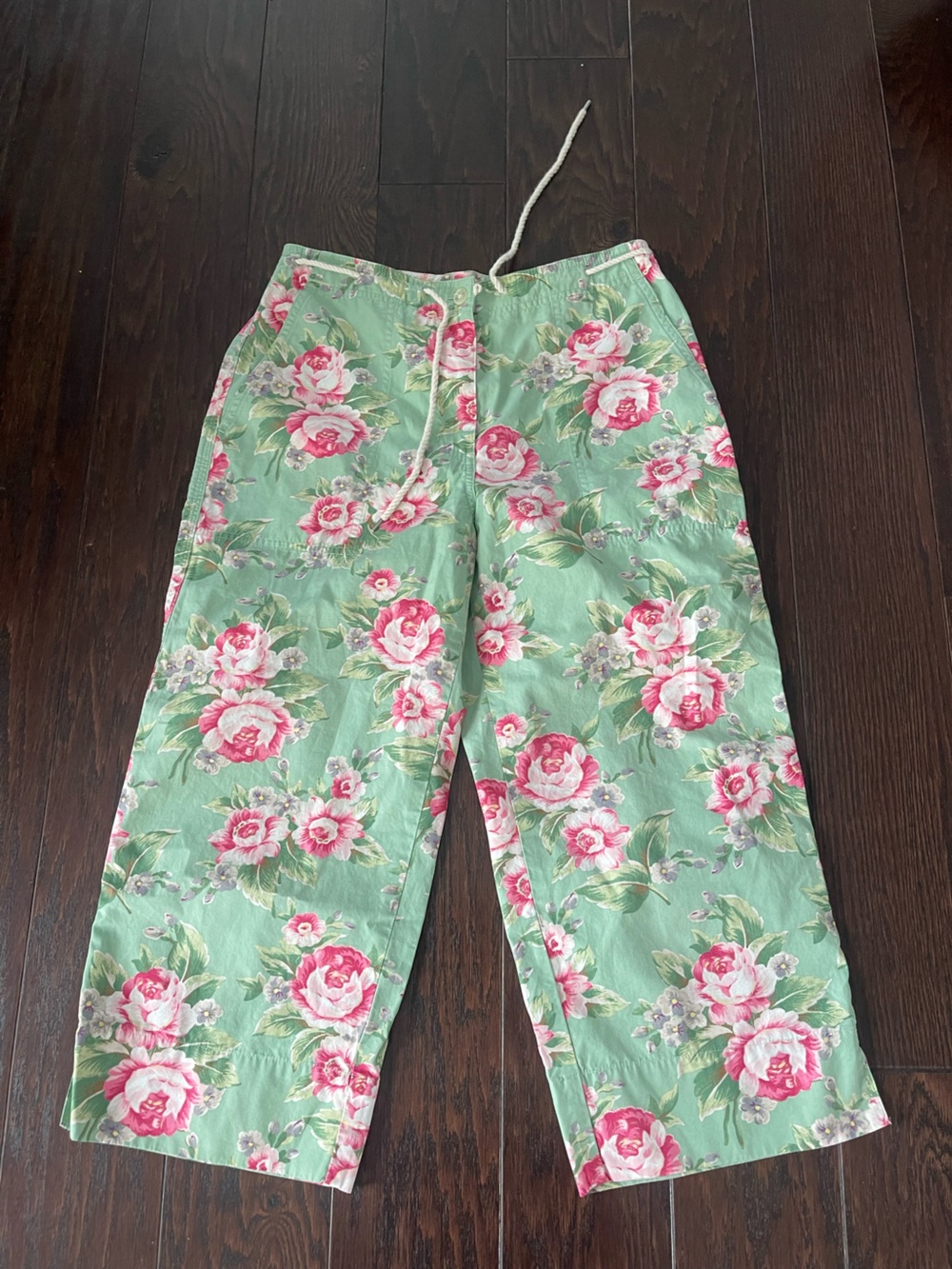Ralph Lauren Vintage Cabbage Rose Capri Pants Sage Green Rope Belt Size 6 Y2K